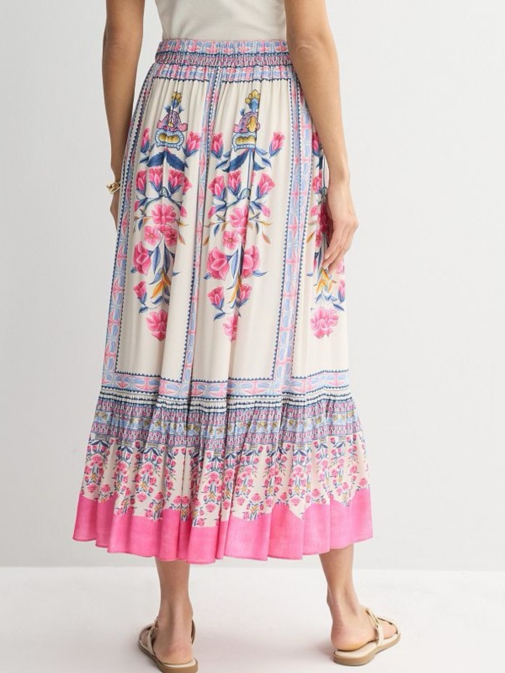 NWT Farmers Market Boho Floral Smocked Maxi Skirt Medium Pink Ivory Floral Print - Picture 4 of 10